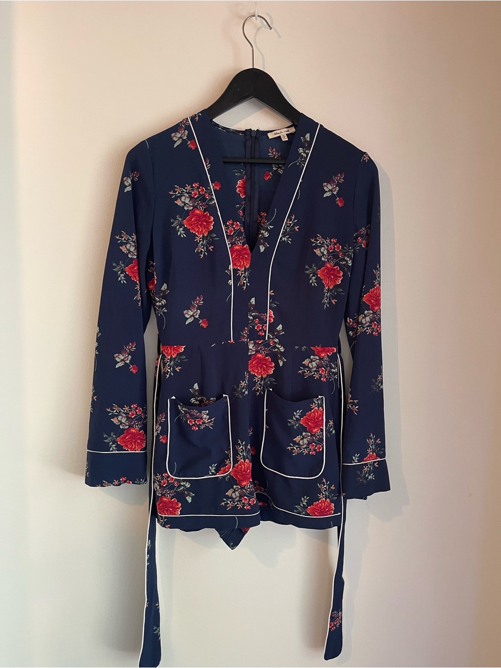 Bleuh Ciel Floral Long Sleeve V-Neck Romper Matching Belt Size S